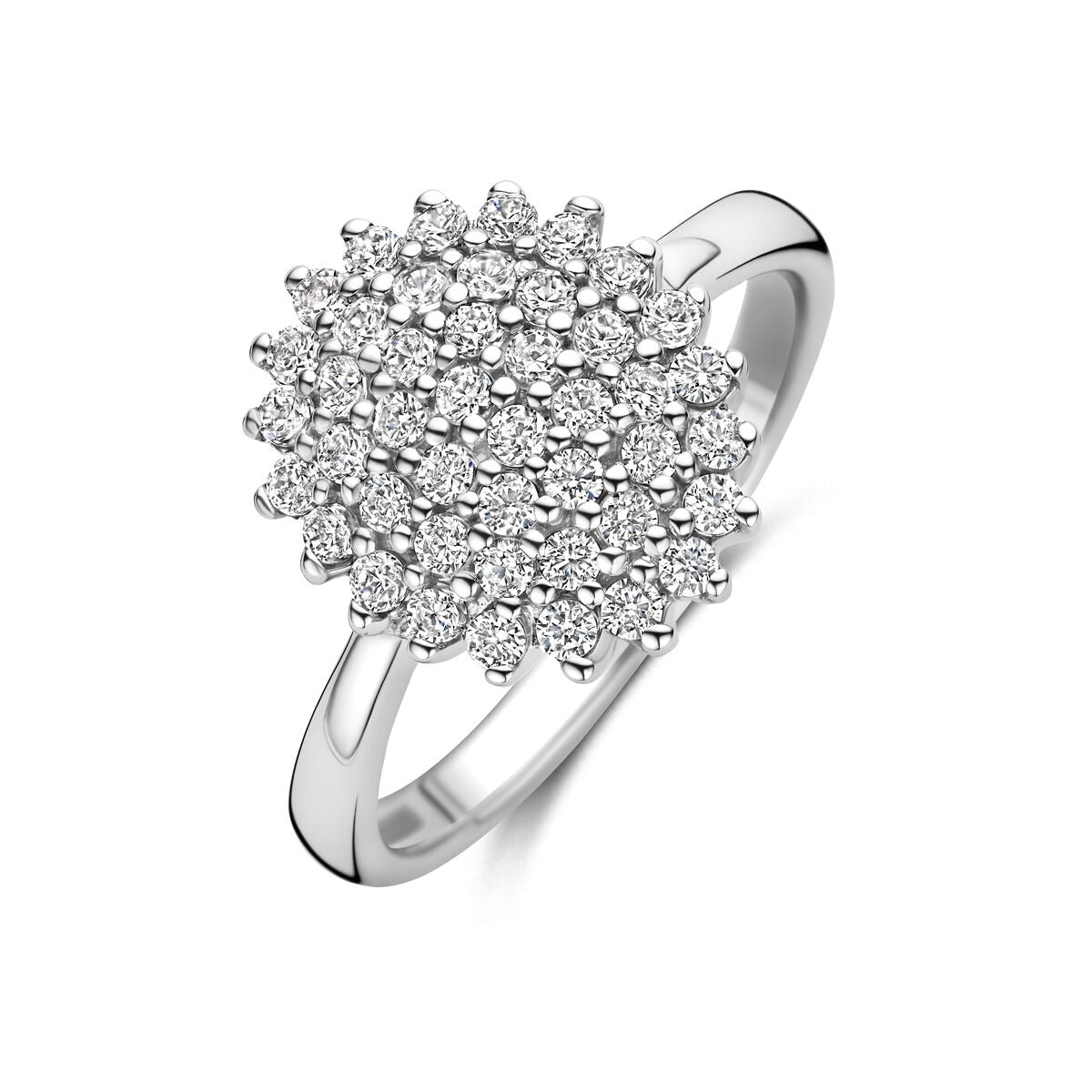Gerhodineerde 925 zilveren ring met een bloemvormige zirkonia-setting en sprankelende steentjes.
