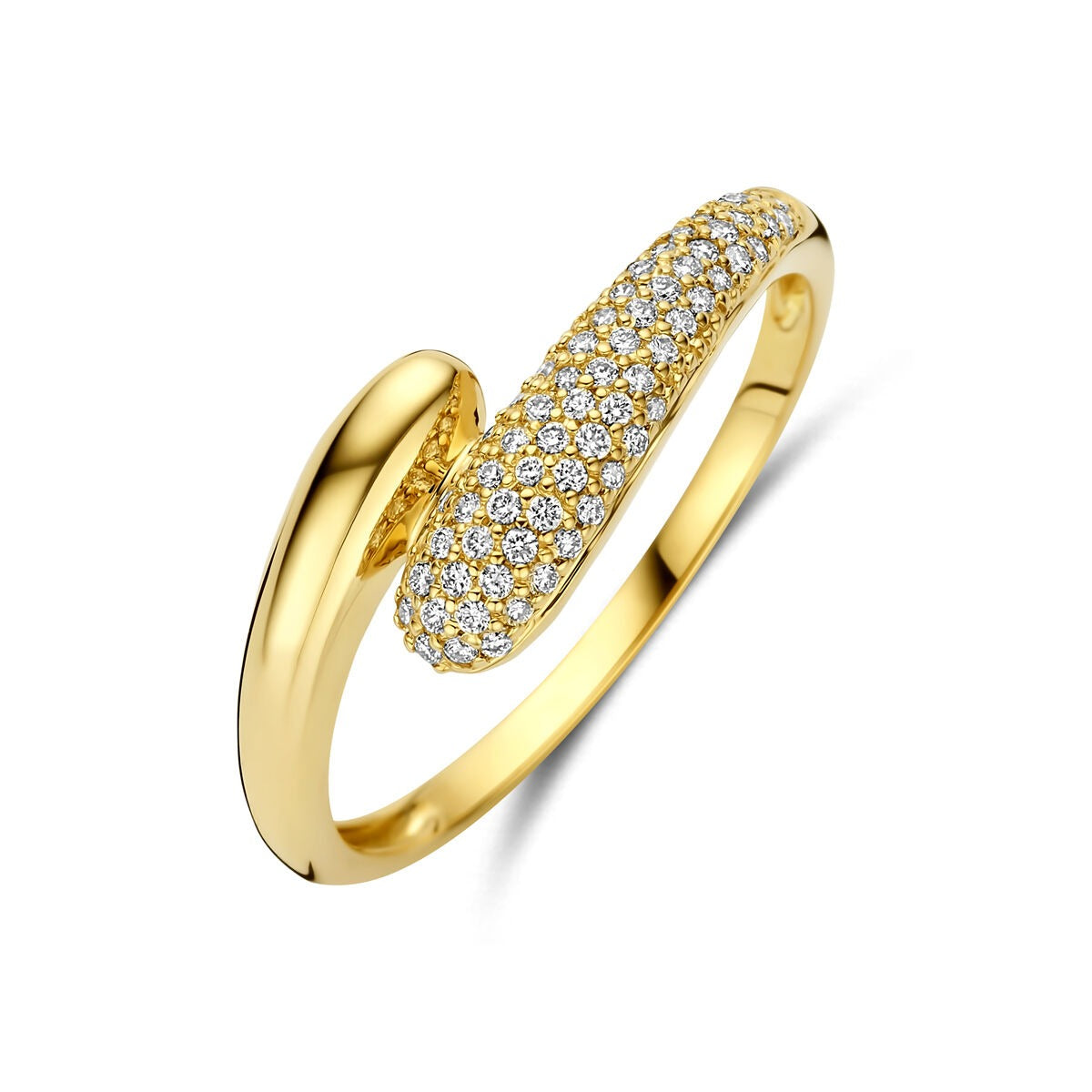 Geelgouden ring met een golvende vorm, bezet met kleine diamanten van 0.15ct.