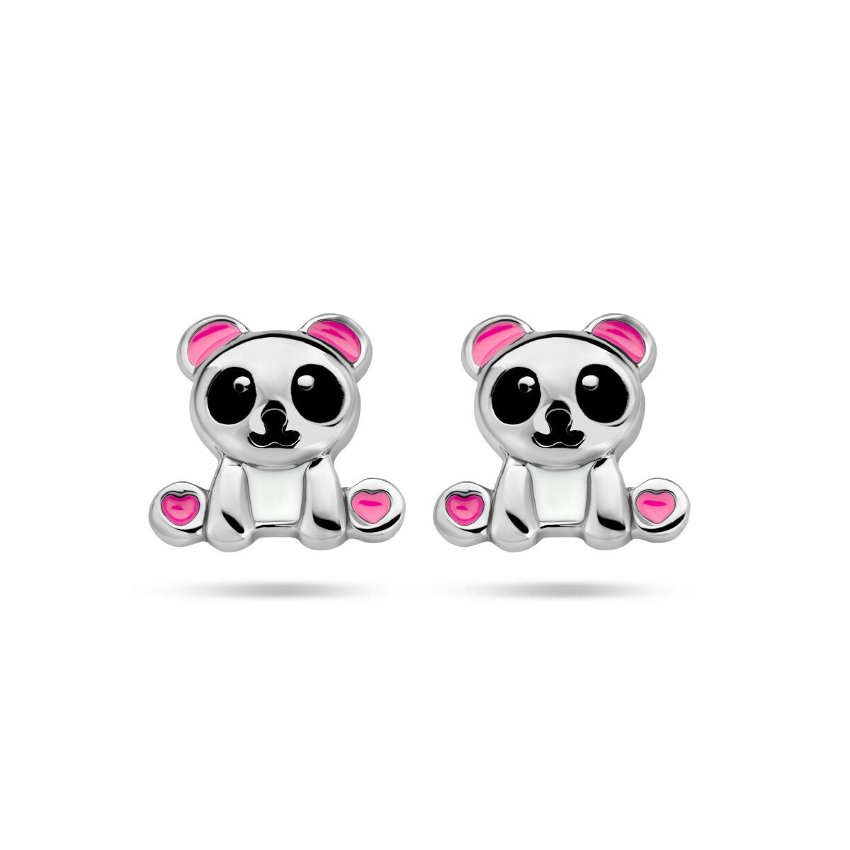 Zilveren gerhodineerde oorknopjes in de vorm van een panda met zwarte en roze emaille details.