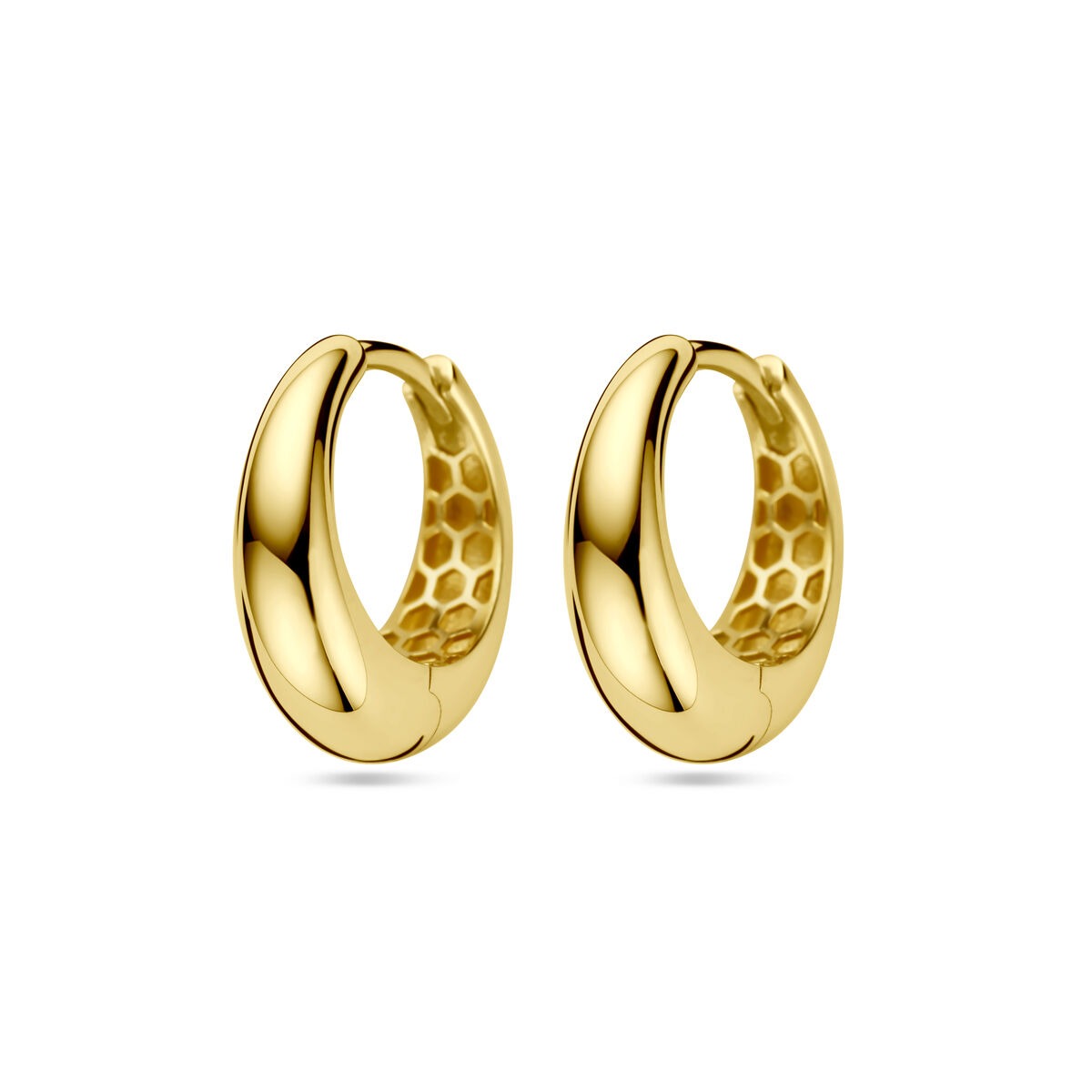 Geelkleurige klapoorringen van 9k goud met een gladde afwerking en een diameter van 14 mm.