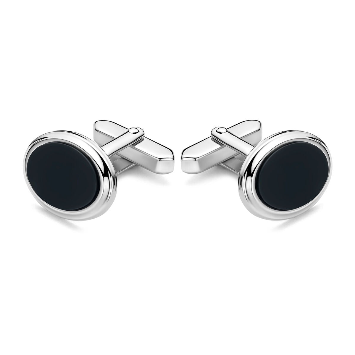 Gerhodineerde 925k zilveren manchetknoppen met een zwarte onyx steen in ovale vorm.