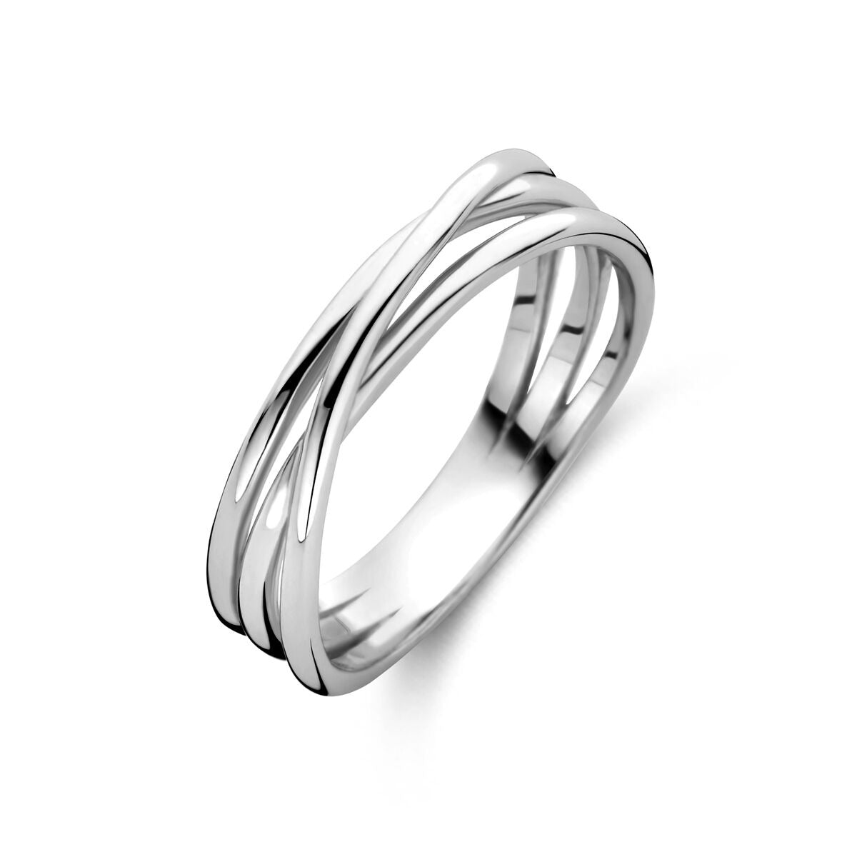 Gerhodineerde zilveren ring met drie verweven banden, 5.5 mm breed.