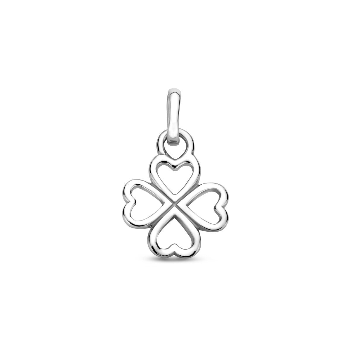Zilveren klaverhanger met vier hartvormige bladeren, gerhodineerd en 17 mm groot.