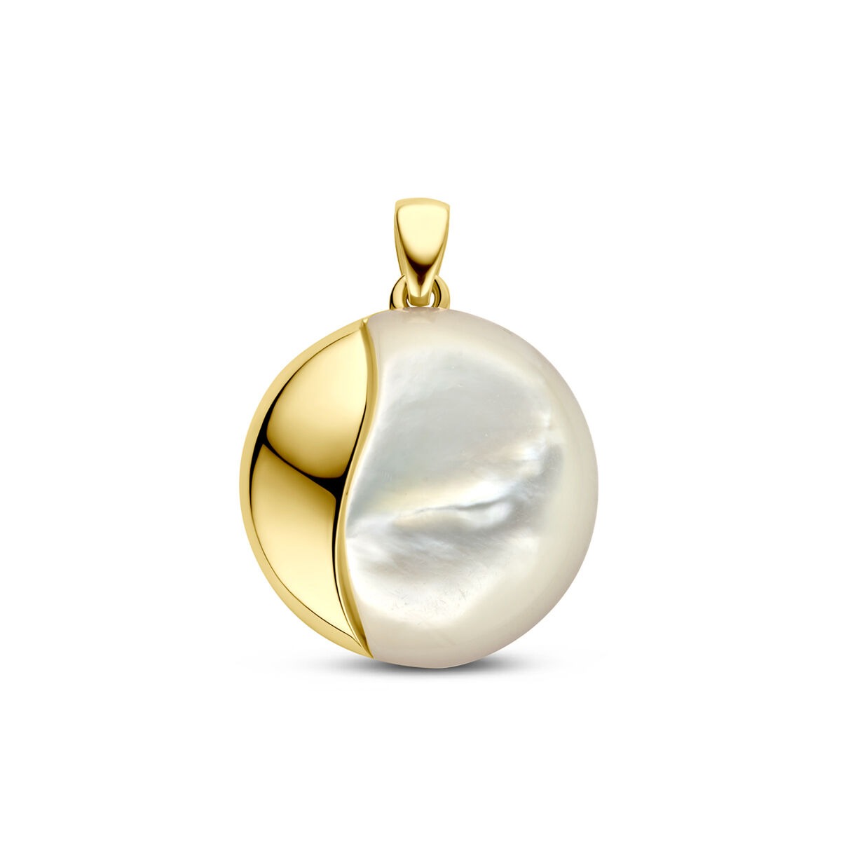 Geelgouden hanger met een parelmoeren schijf van 20 mm, met een glanzende afwerking.