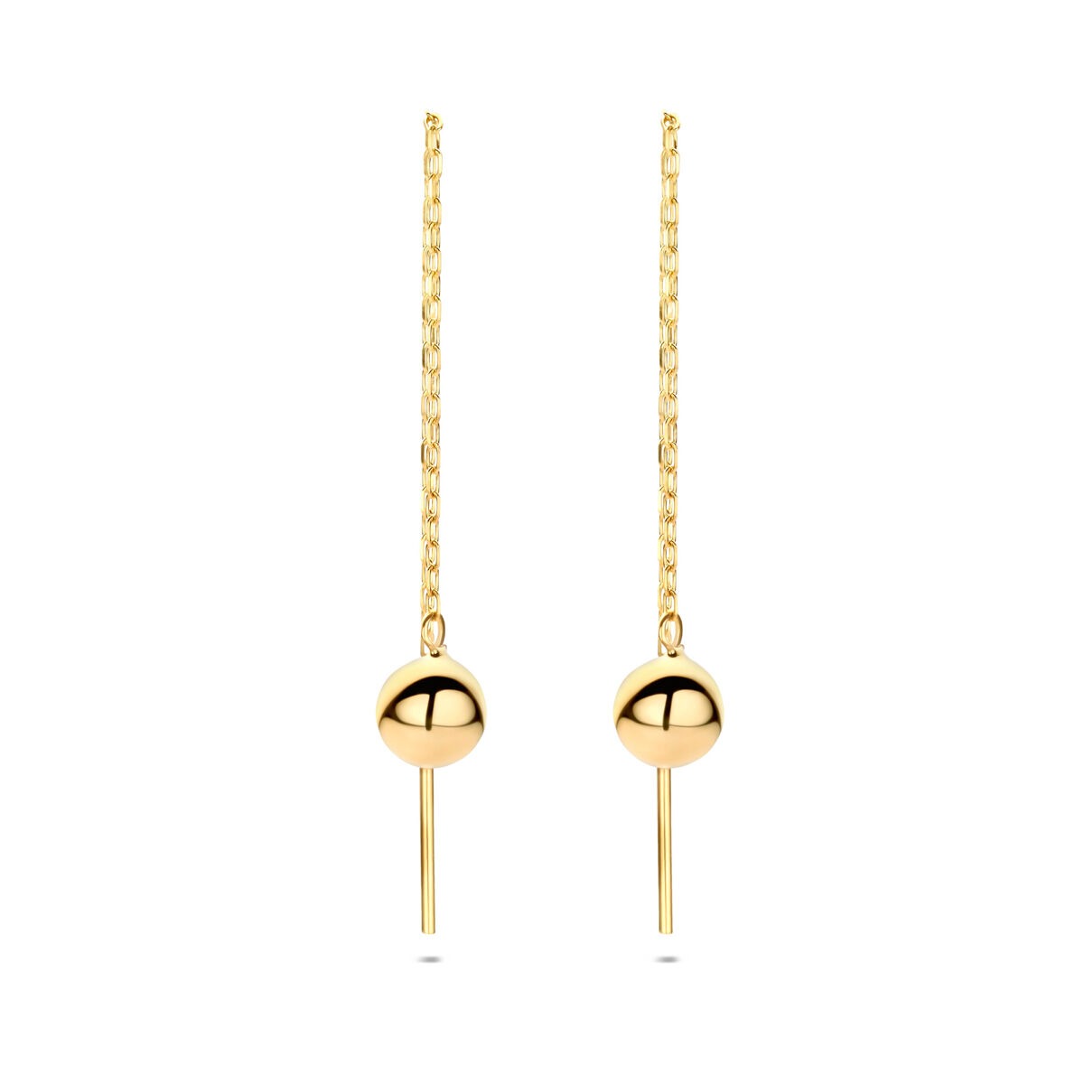 Geelgouden doortrekoorbellen met een bolvormige hanger en een fijne ketting.
