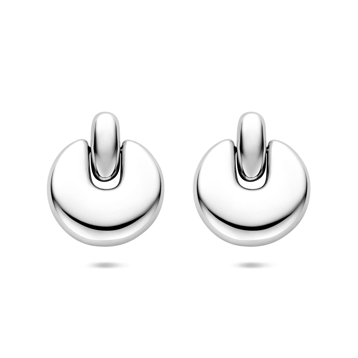 Zilverkleurige stalen oorhangers in halve maanvorm, diameter 29,5 mm.