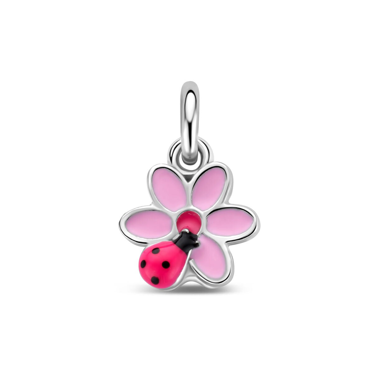 Gerhodineerde 925 zilveren kinderhanger in de vorm van een bloem met een roze emaille afwerking en een liefheersbeestje.