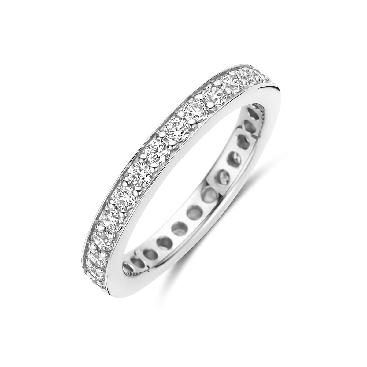 Gerhodineerde 925 zilveren ring met een rij zirkonia steentjes van 2.9 mm breed.