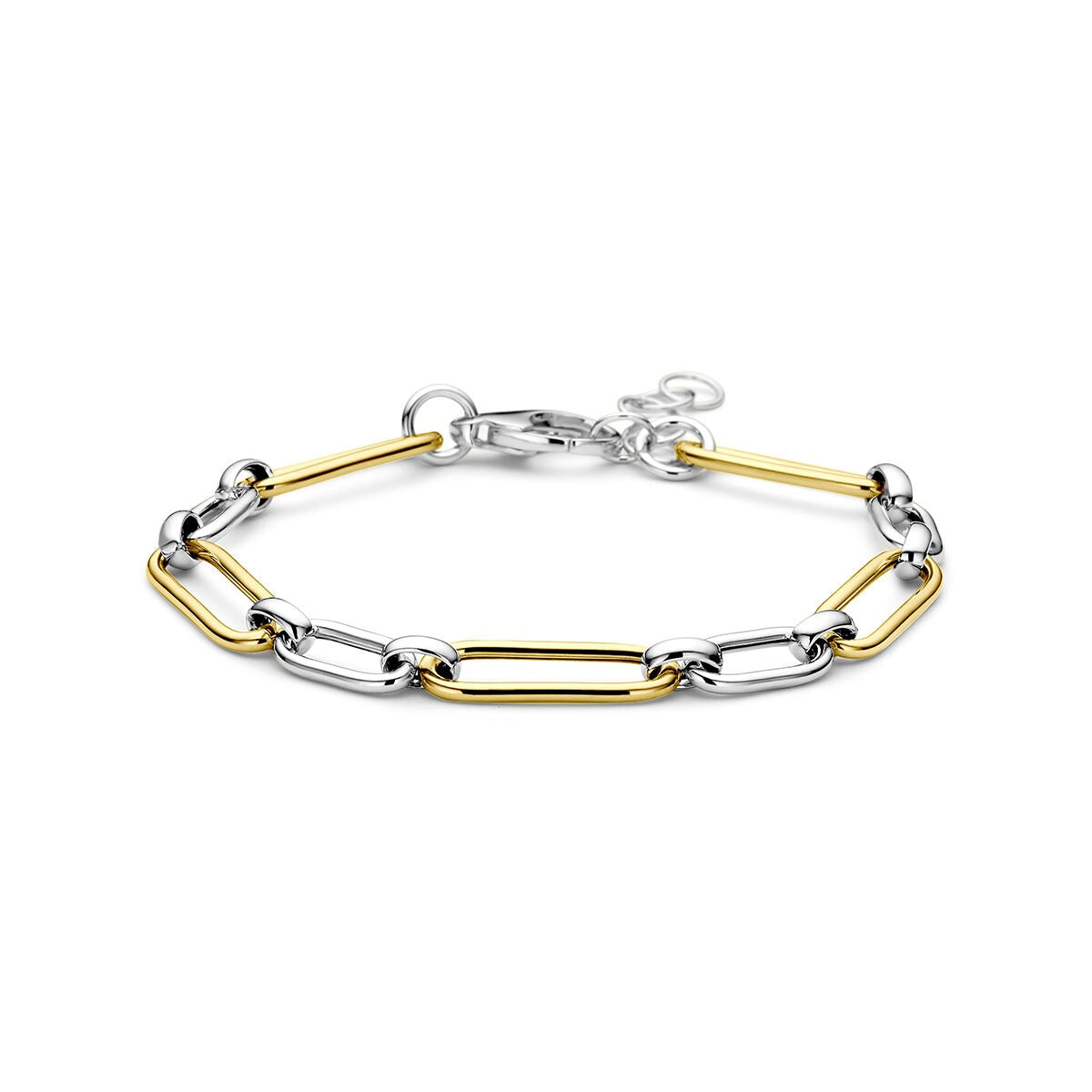 Vergulde en gerhodineerde 925 zilveren paperclip armband met een combinatie van gouden en zilveren schakels.