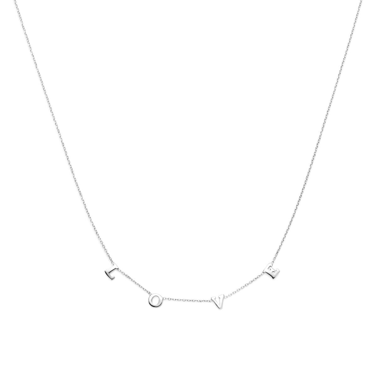 Zilveren collier met de letters 'L', 'O', 'V' en 'E' in een gerhodineerde afwerking.