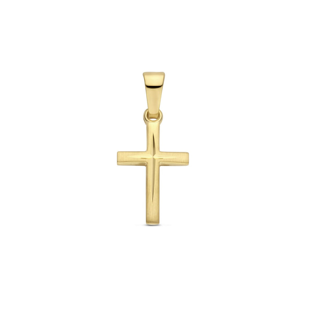 14k geelgouden kruis hanger – mat en gediamanteerd afgewerkt
