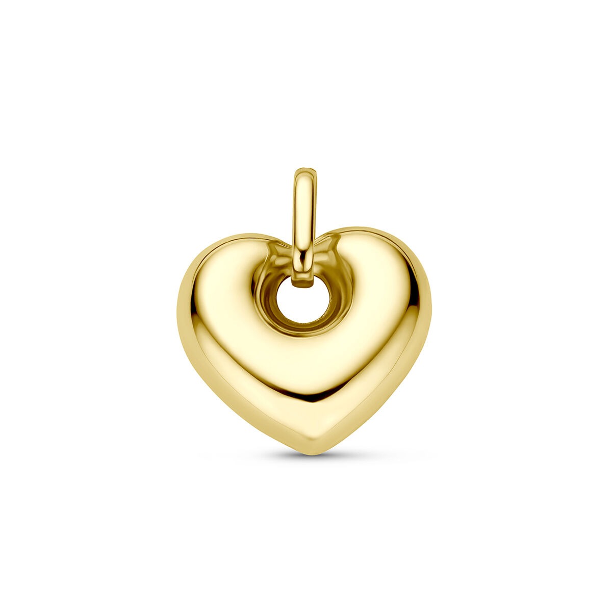Geelgouden hart hanger met een glanzende, gladde afwerking en een centrale opening.