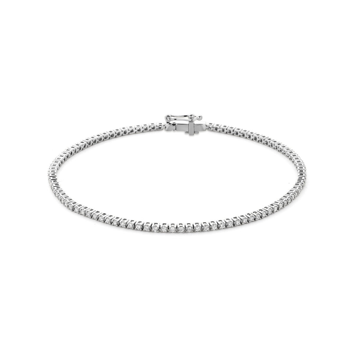 Witgouden tennis armband met lab grown diamanten, voorzien van een sluiting en een gladde afwerking.