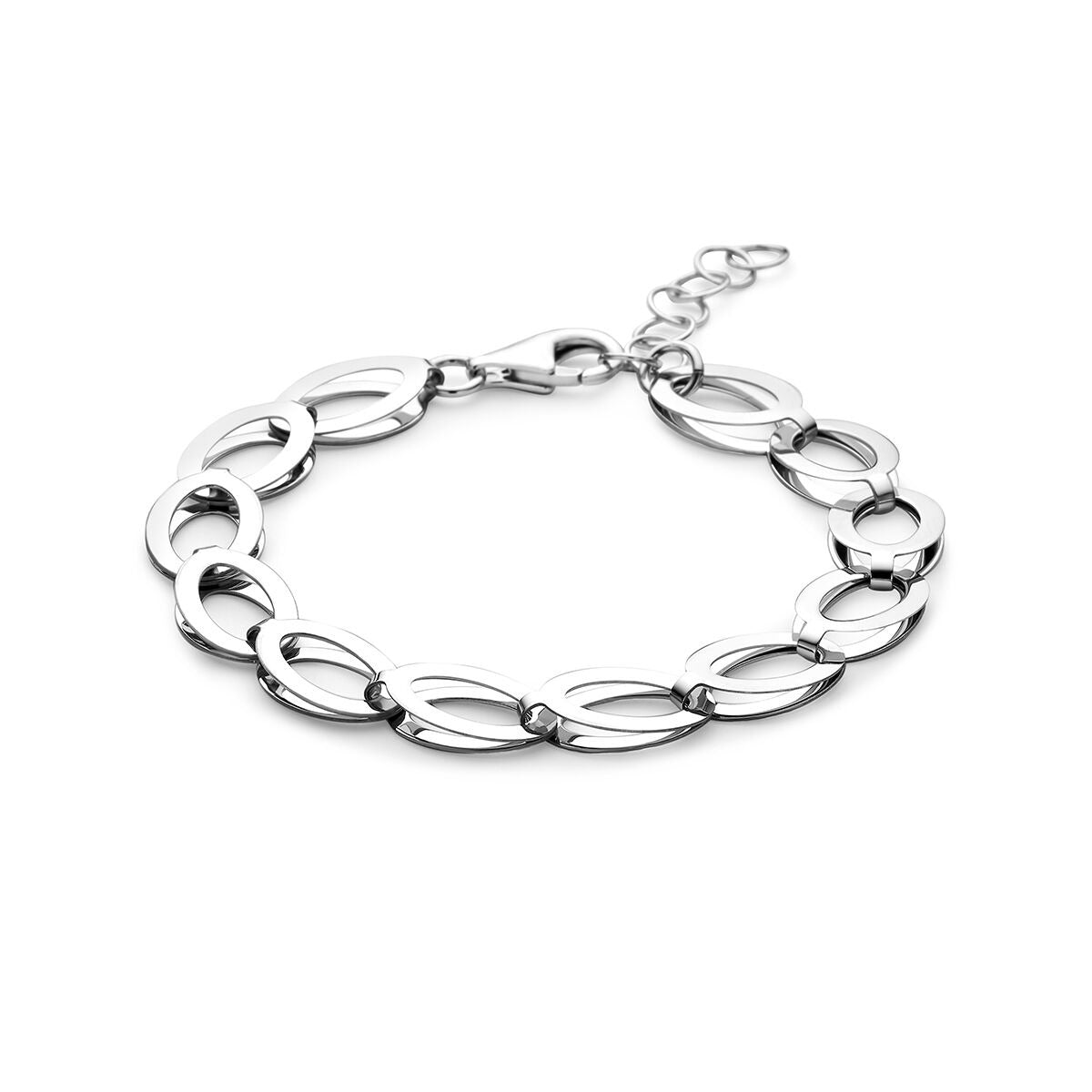 Gerhodineerde 925 zilveren schakelarmband met ovale schakels en een karabijnsluiting.