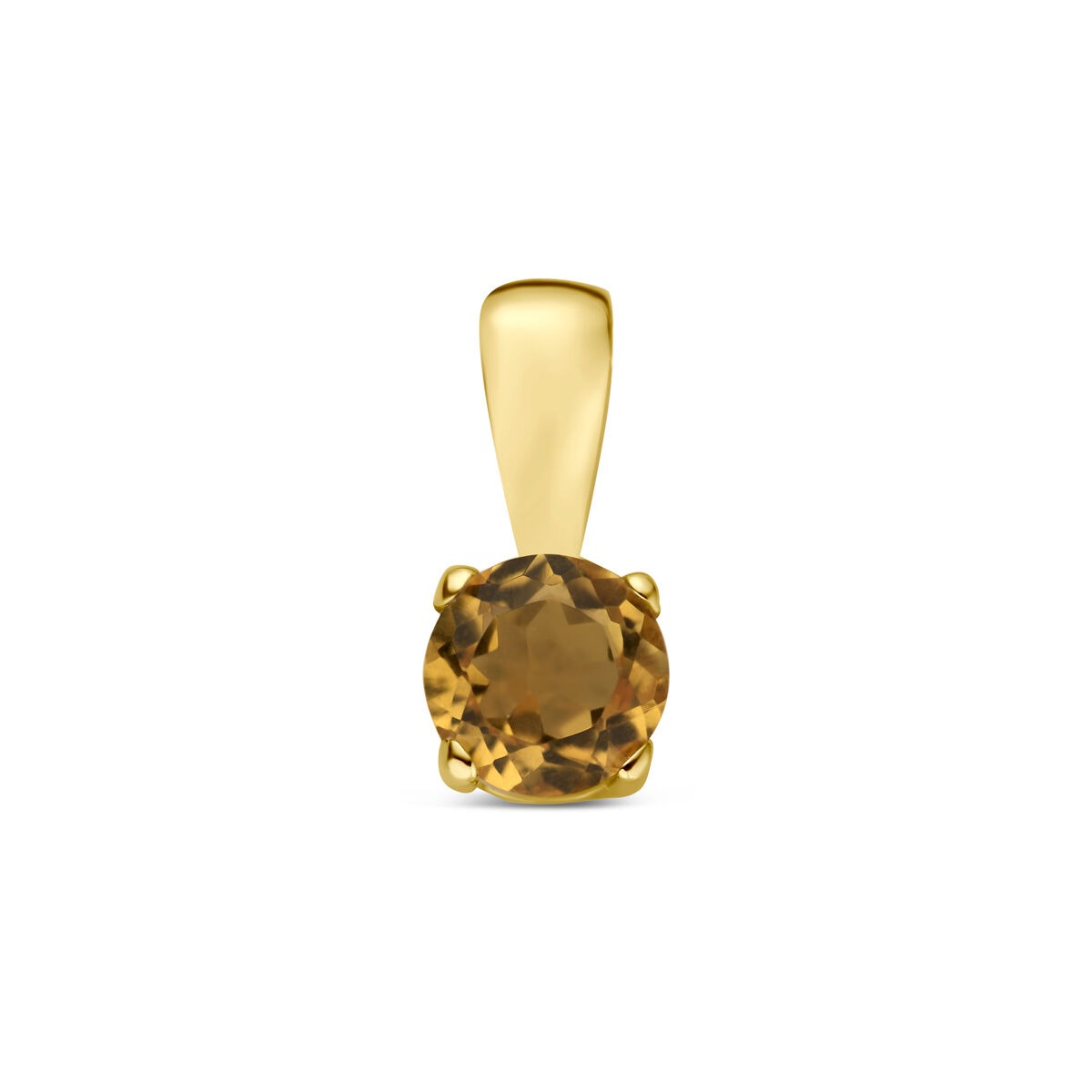 Geelgouden hanger met een ronde citrien steen in een vierdelige zetting.