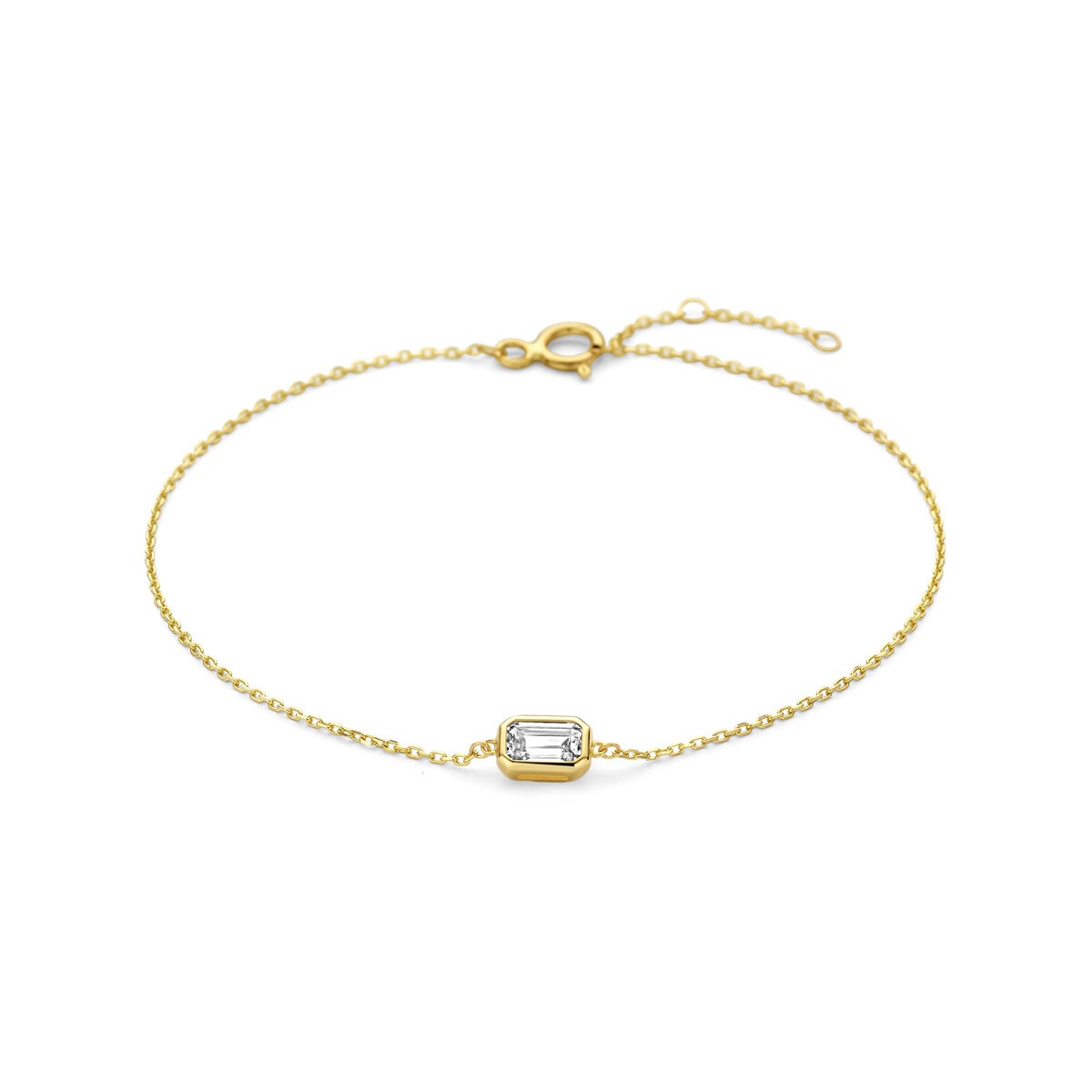Geelgouden armband met een emerald geslepen zirkonia in een verfijnde zetting.