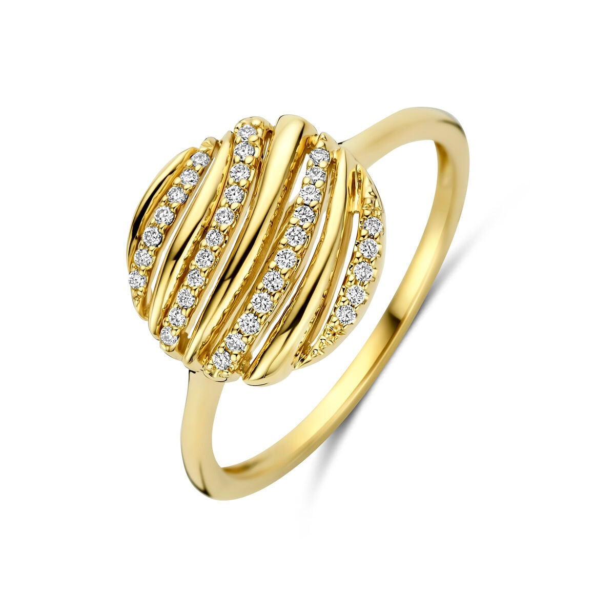 Geelgouden ring met rond design, versierd met diamanten van 0.09ct.