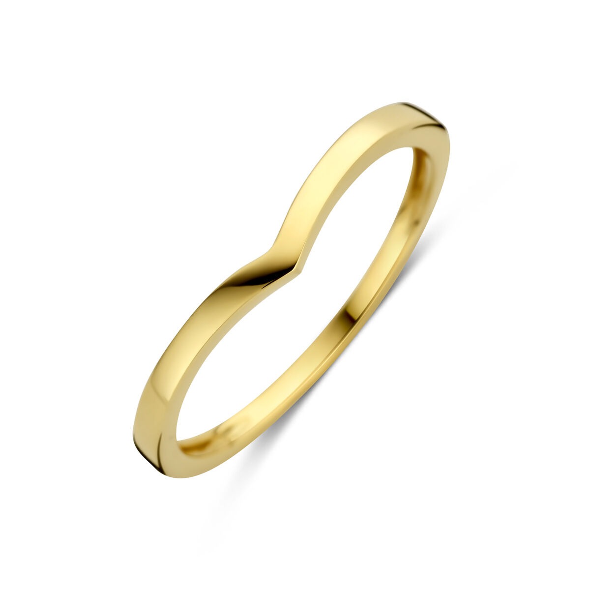 Gouden damesring van 14k geelgoud met een golvende, moderne vorm.