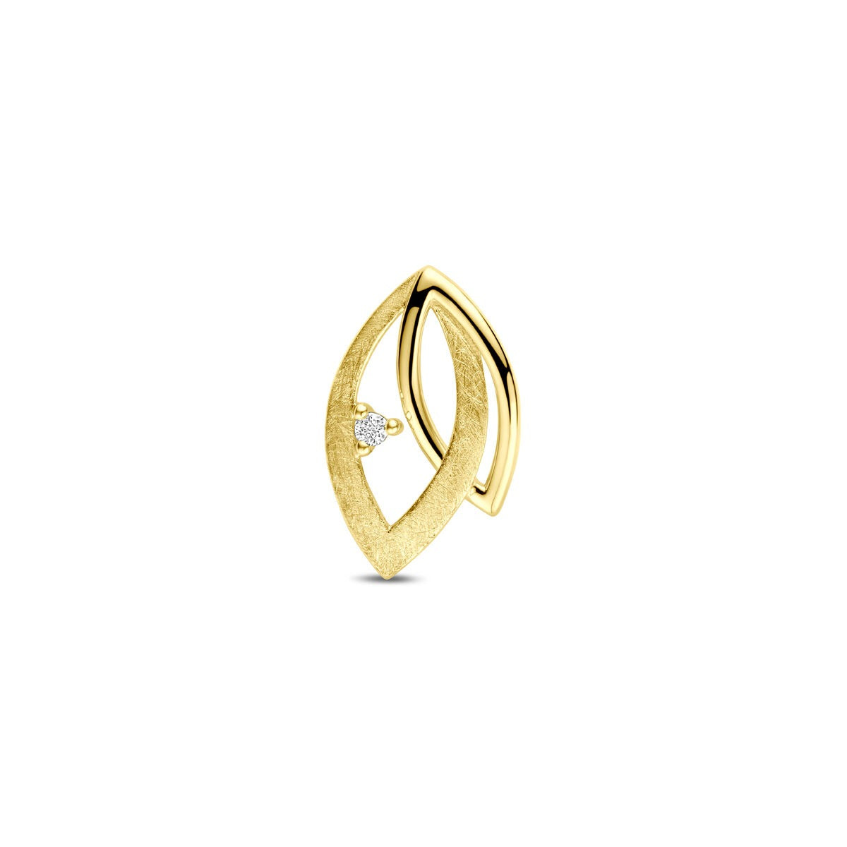 Gouden hanger met een diamant van 0,02 ct, in een moderne, abstracte vorm van 15,5 mm.