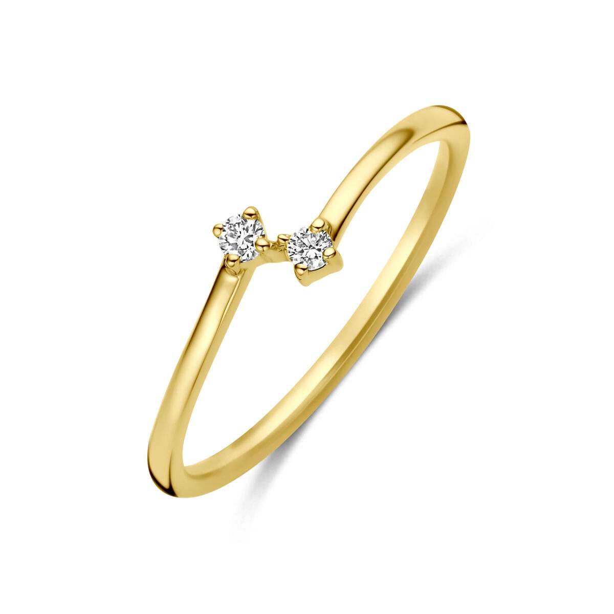 Geelgouden ring met twee diamanten van 0,05 ct in een minimalistisch ontwerp.