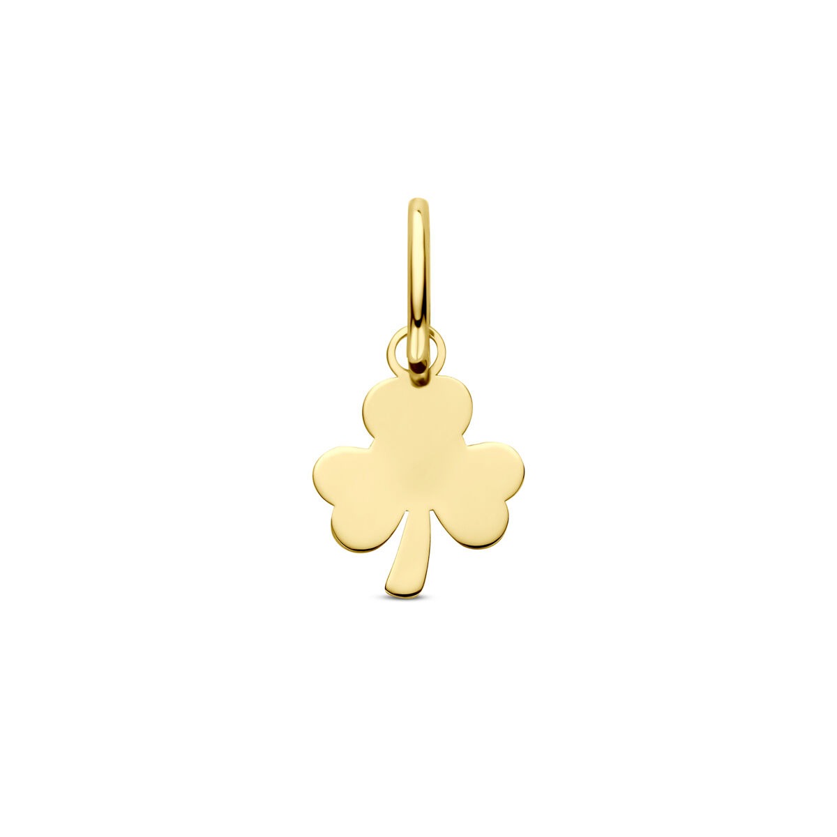 Geelgouden klaver hanger met een gladde afwerking en een eenvoudige, herkenbare vorm.