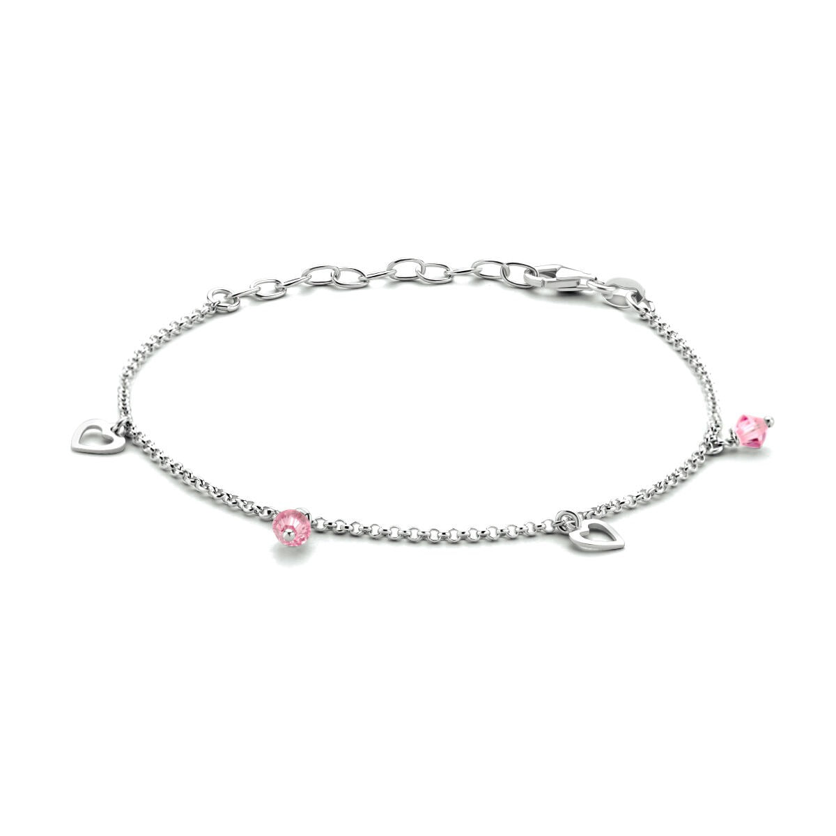 Zilveren enkelbandje van gerhodineerd 925 zilver met roze steentjes en hartvormige bedels.