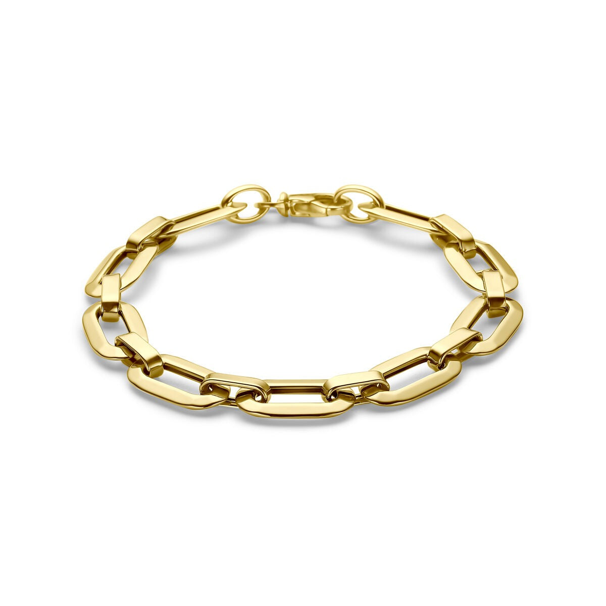 Geelgouden anker armband met schakels in verschillende lengtes en een stevige sluiting.
