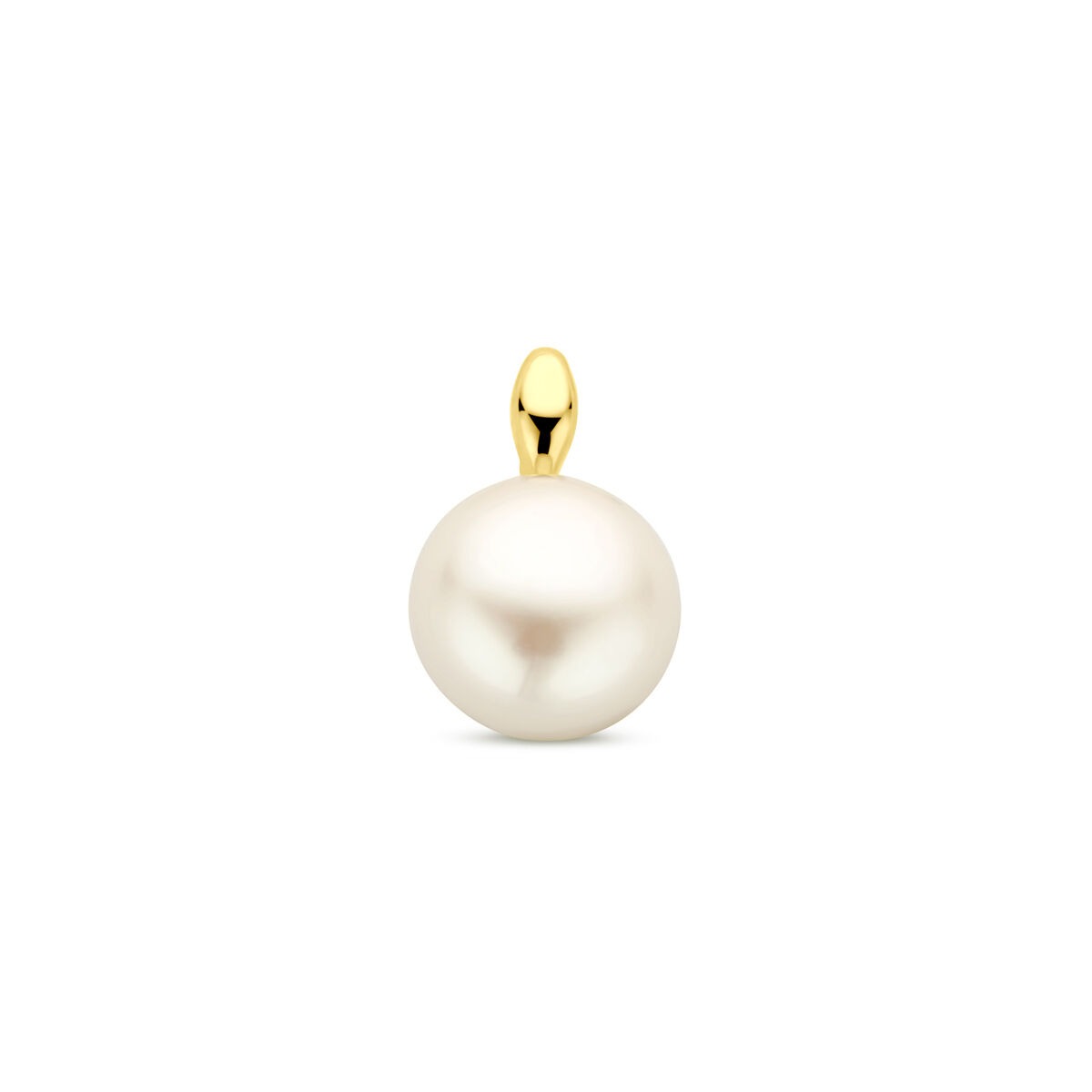 Geelgouden hanger met een grote, ronde parel in het midden.