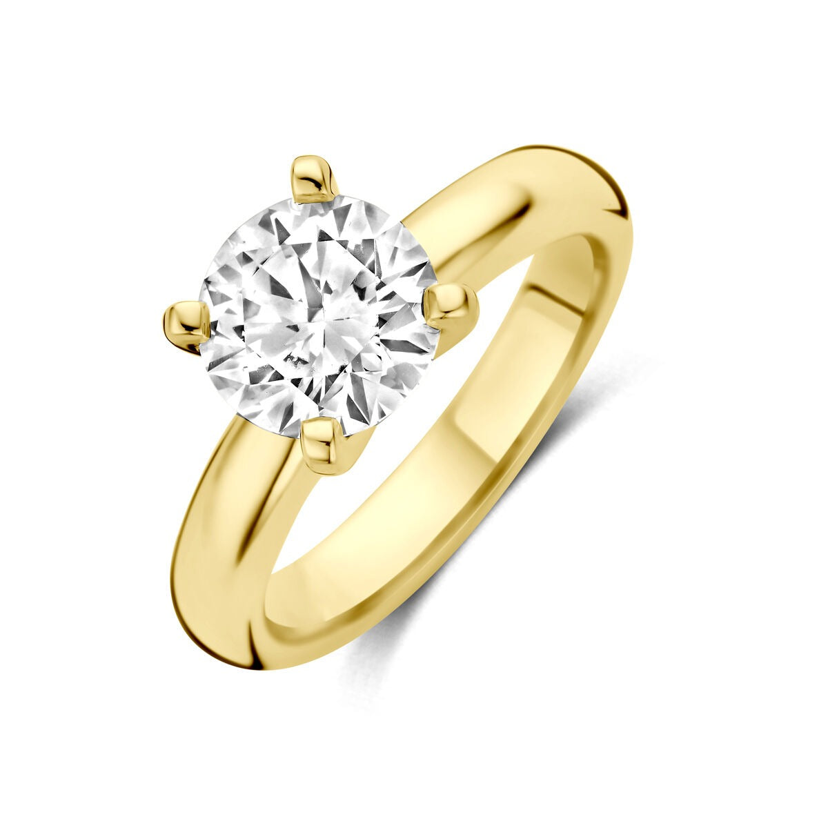 Geelgouden ring met een ronde lab grown diamant van 2.00ct in een vier-punt zetting.