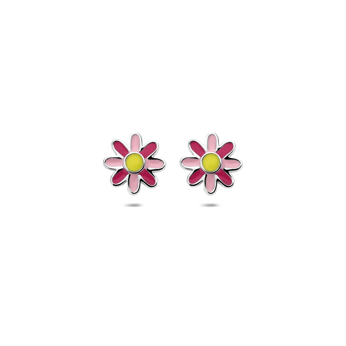 Gerhodineerde 925 zilveren bloem oorknoppen met roze en gele emaille details.