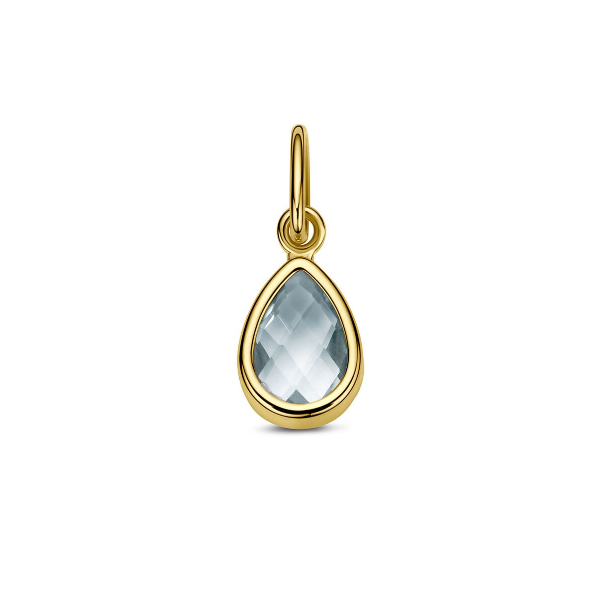 Geelgouden hanger in druppelvorm met een facette blauwe topaas.