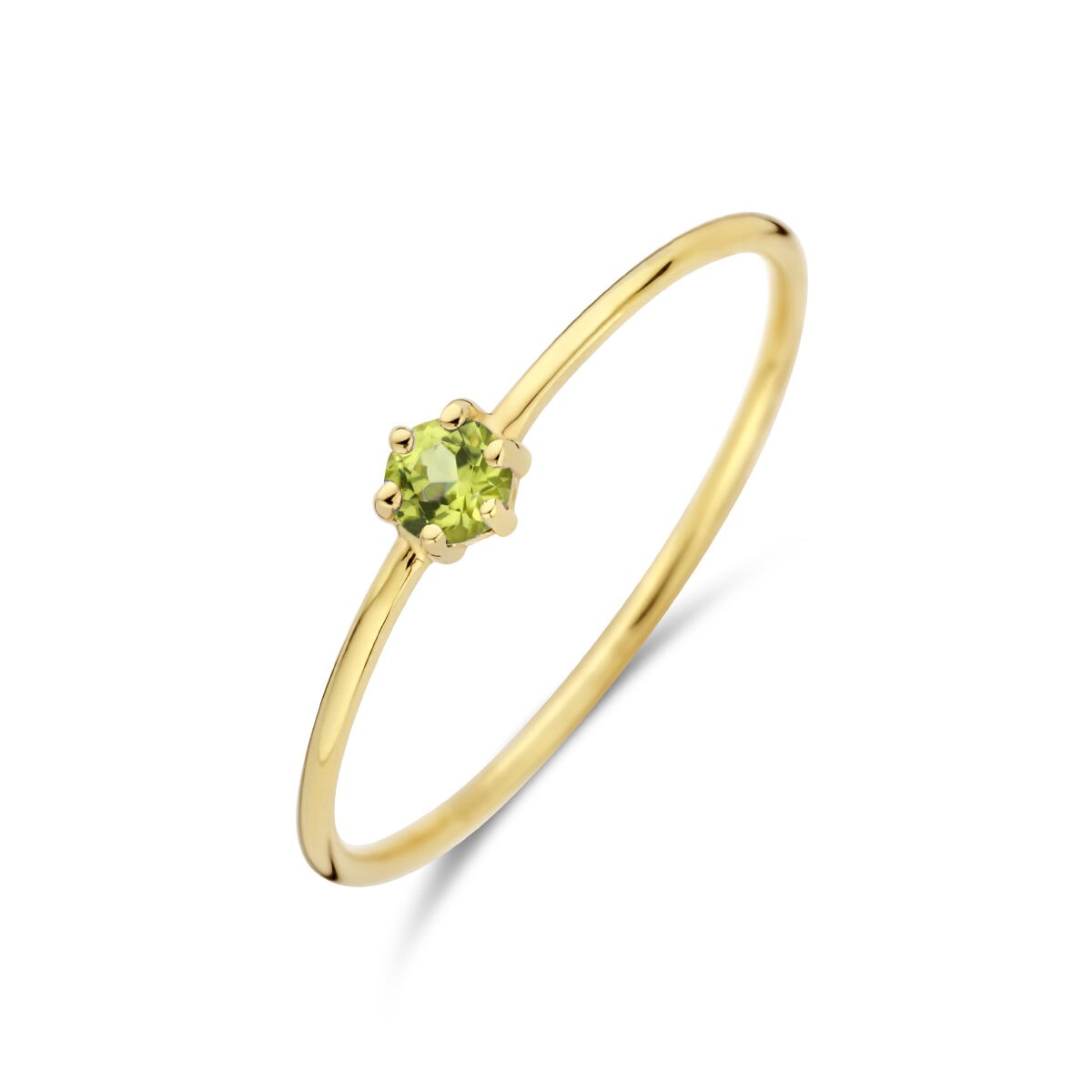 Geelgouden ring met een briljant geslepen peridoot in een bloemvormige zetting.