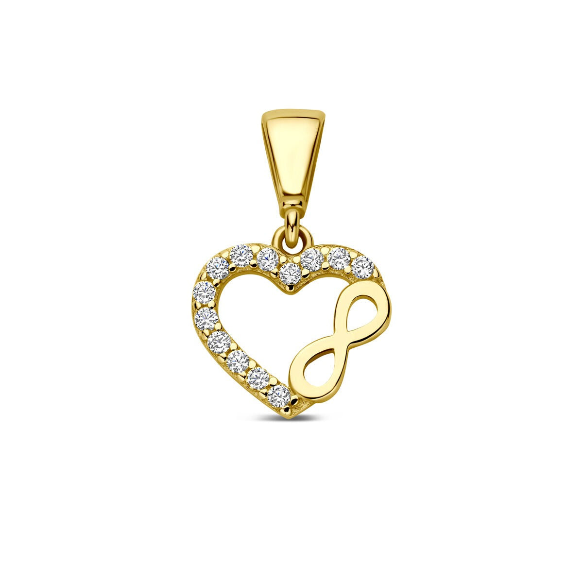 Geelgouden hanger in de vorm van een hart met een infinity-teken en zirkonia-steentjes.
