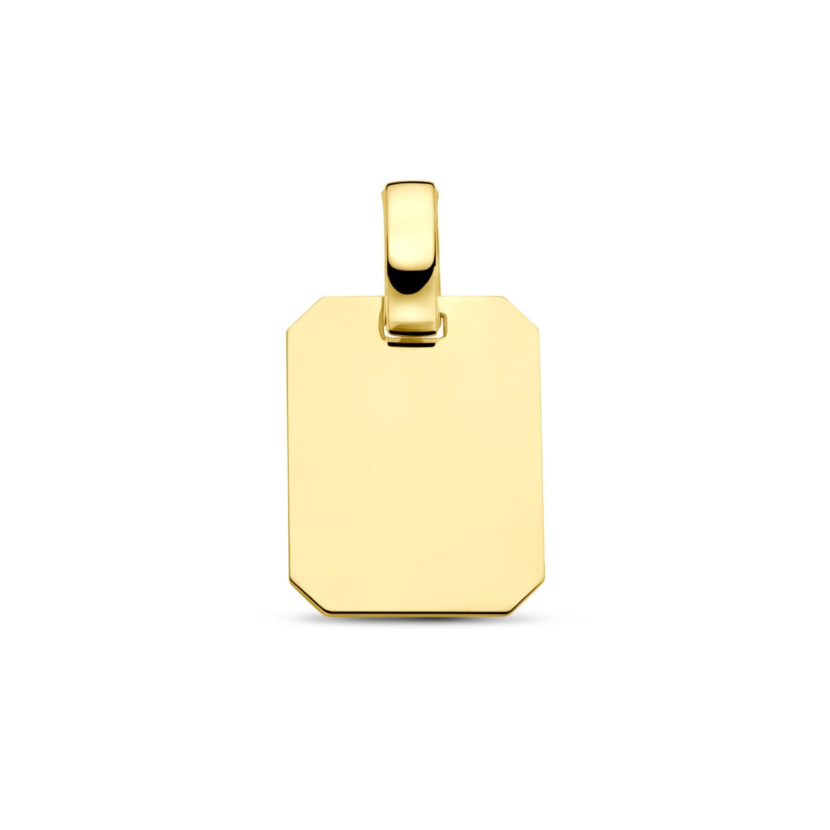 Rechthoekige 14k geelgouden graveerhanger met een gladde, tijdloze afwerking.