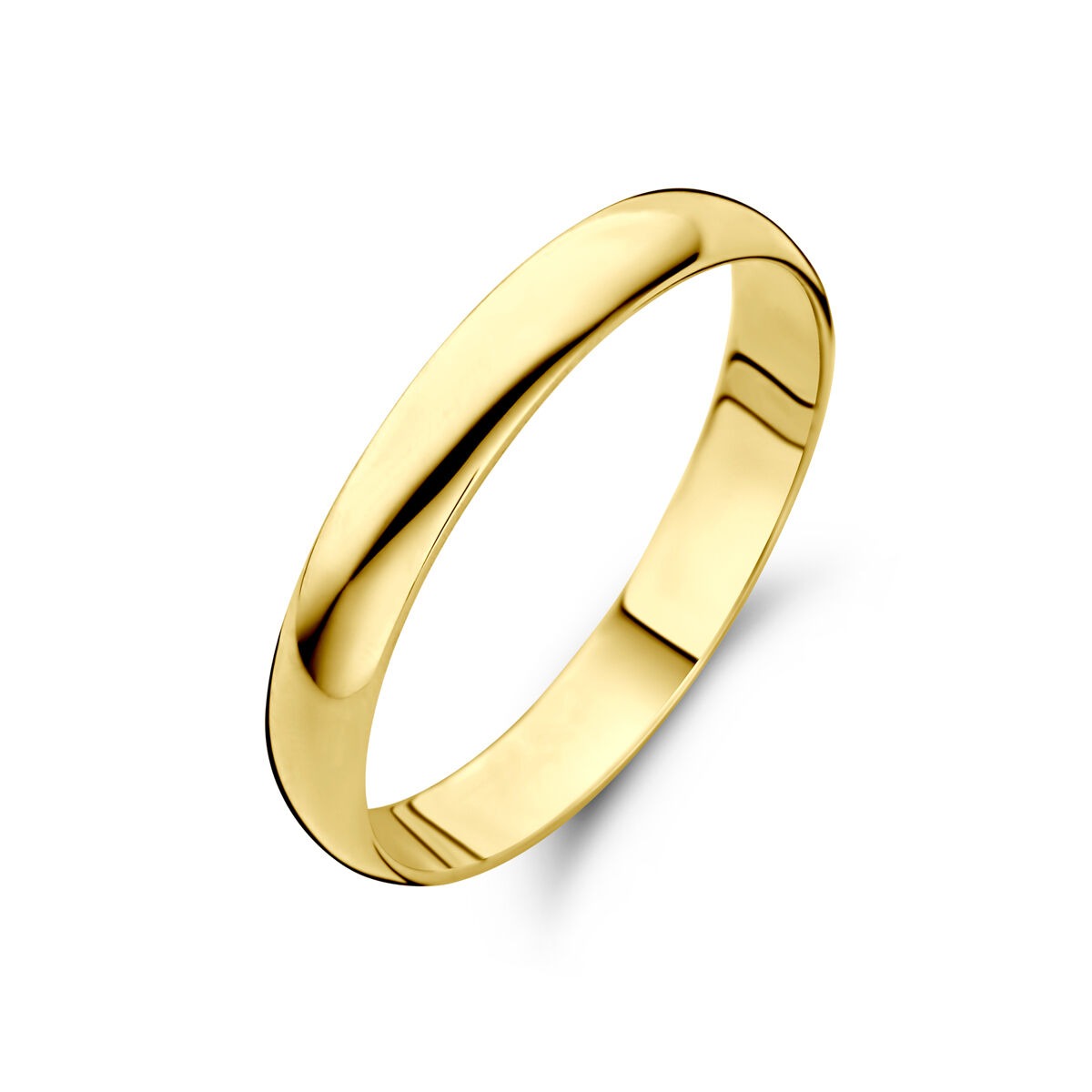 Geelgouden ring van 14k met een breedte van 3 mm en een gladde, glanzende afwerking.
