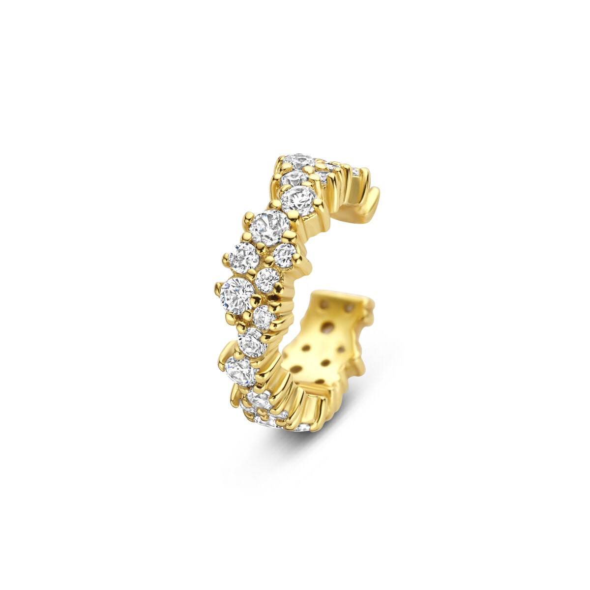 Verguld zilveren ear cuff met zirkonia, versierd met sprankelende steentjes en een open design.