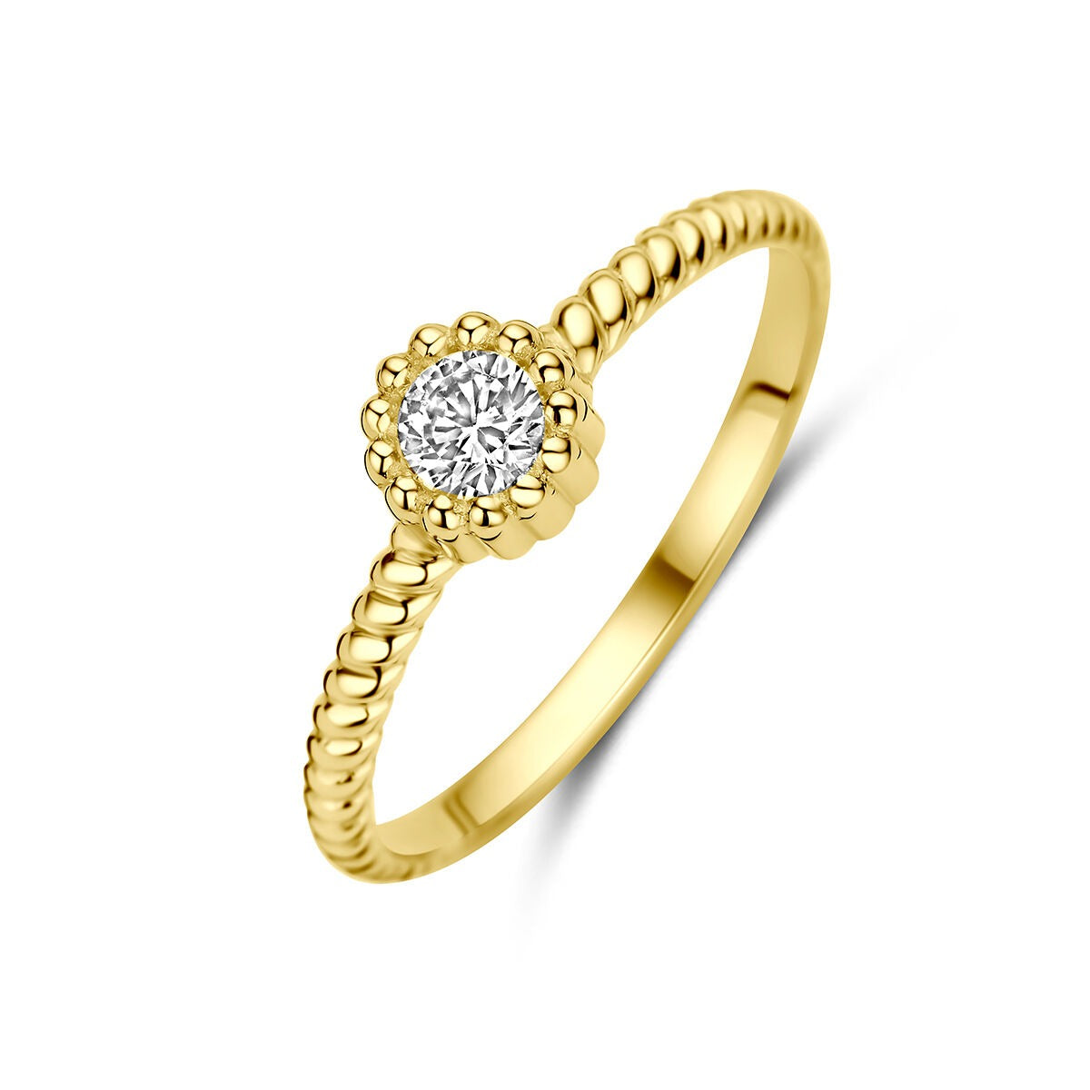 Geelgouden ring met een ronde zirkonia, voorzien van een gedetailleerde, bolletjesband.