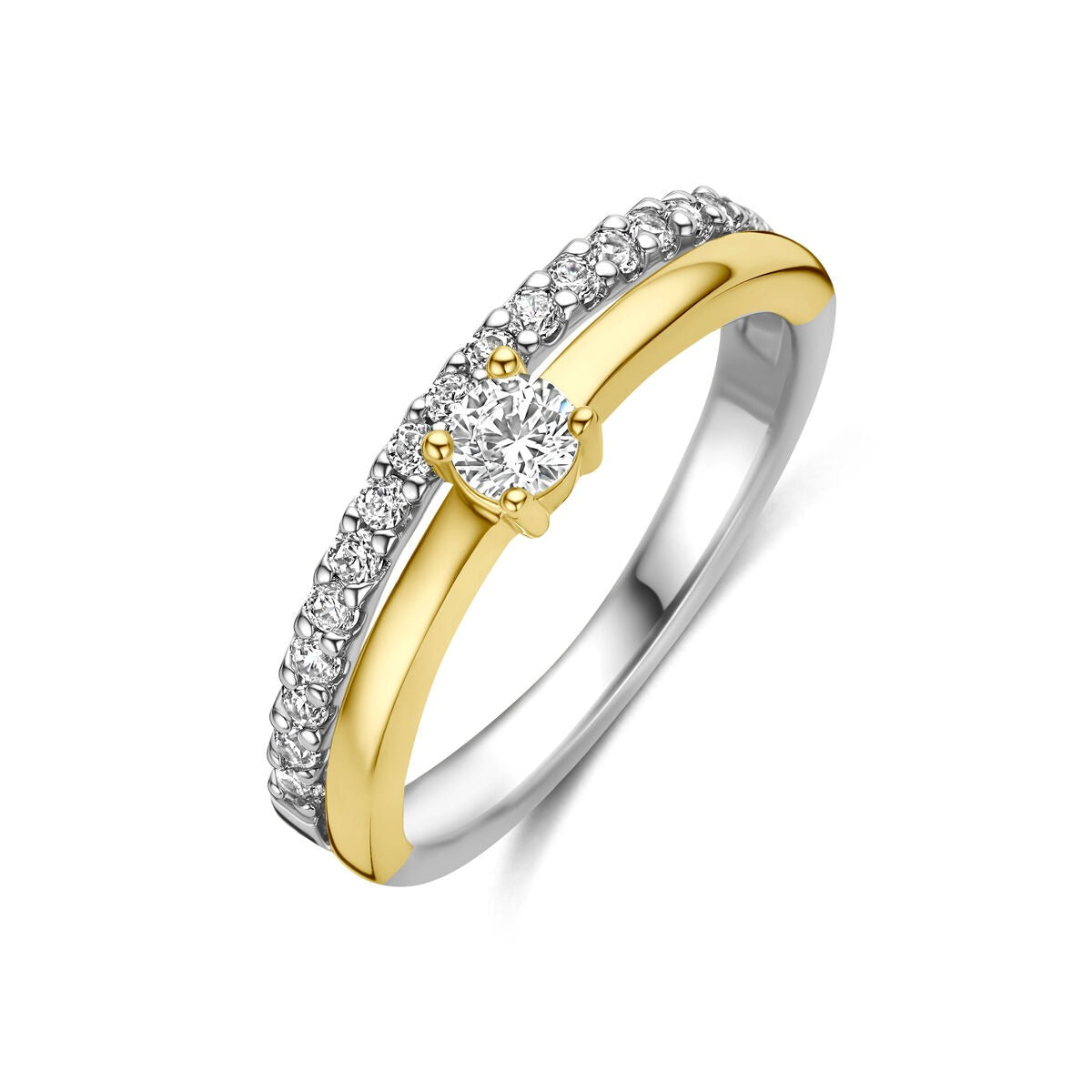 Vergulde en gerhodineerde zilveren ring met een centrale zirkonia en een rij kleine zirkonia's aan de zijkanten.