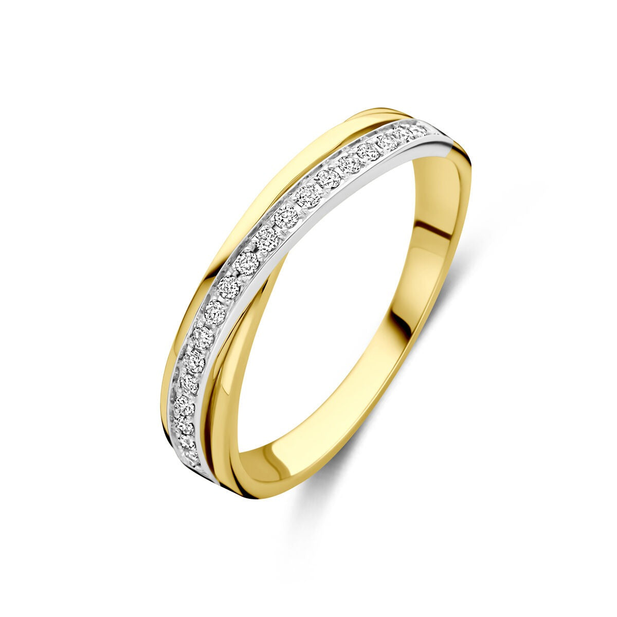 Bicolor ring van 14k goud met een witte diamantlijn van 0.13ct in het midden.