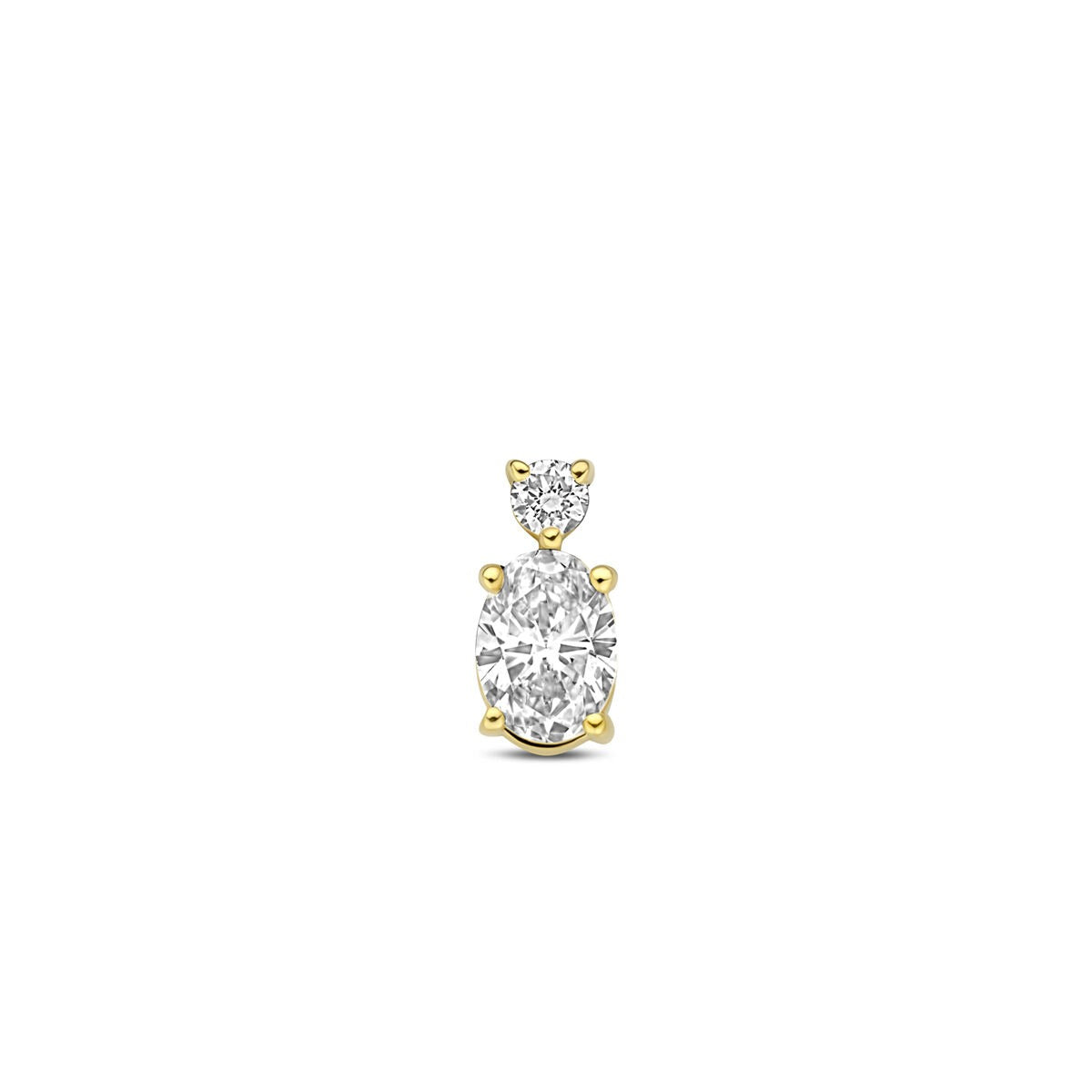 Geelgouden hanger met een lab grown diamant, ovaal van vorm, met een kleinere diamant erboven.
