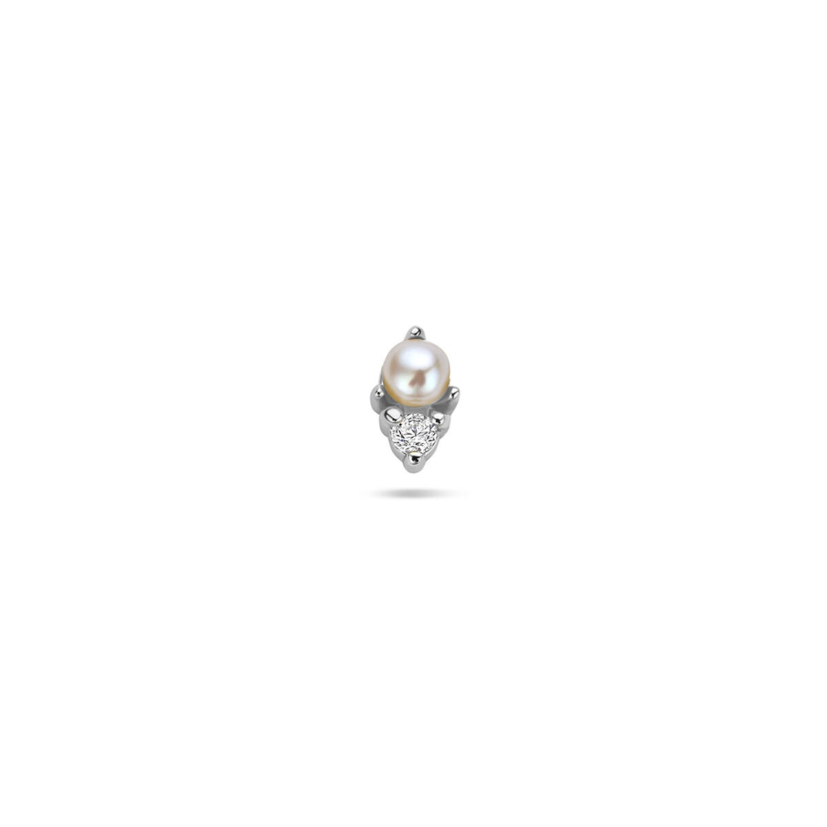 Gerhodineerde zilveren flat back piercing met een parel en een zirkonia, in een verfijnde, gedetailleerde afwerking.