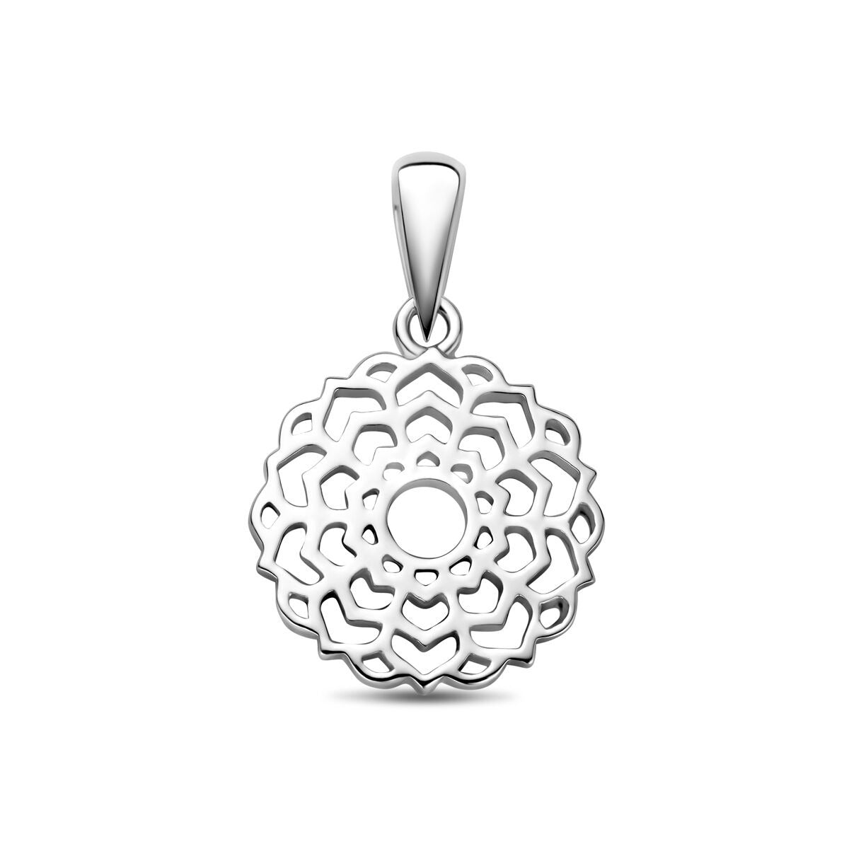 Gerhodineerde zilveren bloemenhanger met opengewerkt bloemdesign en een glanzende afwerking.