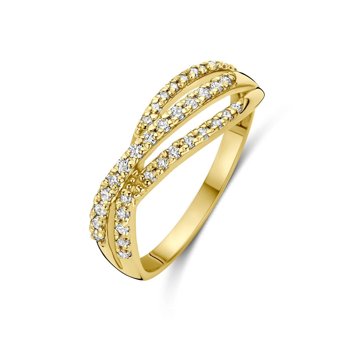 Geelgouden ring met een golvende vorm en lab grown diamanten in een dubbele rij.
