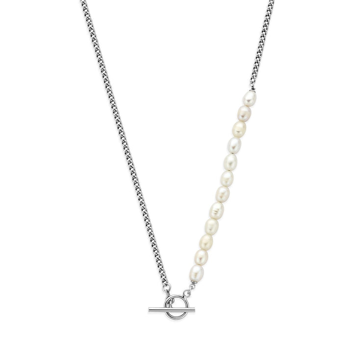 Gerhodineerd 925 zilveren collier met zoetwaterparels en kapittelslot