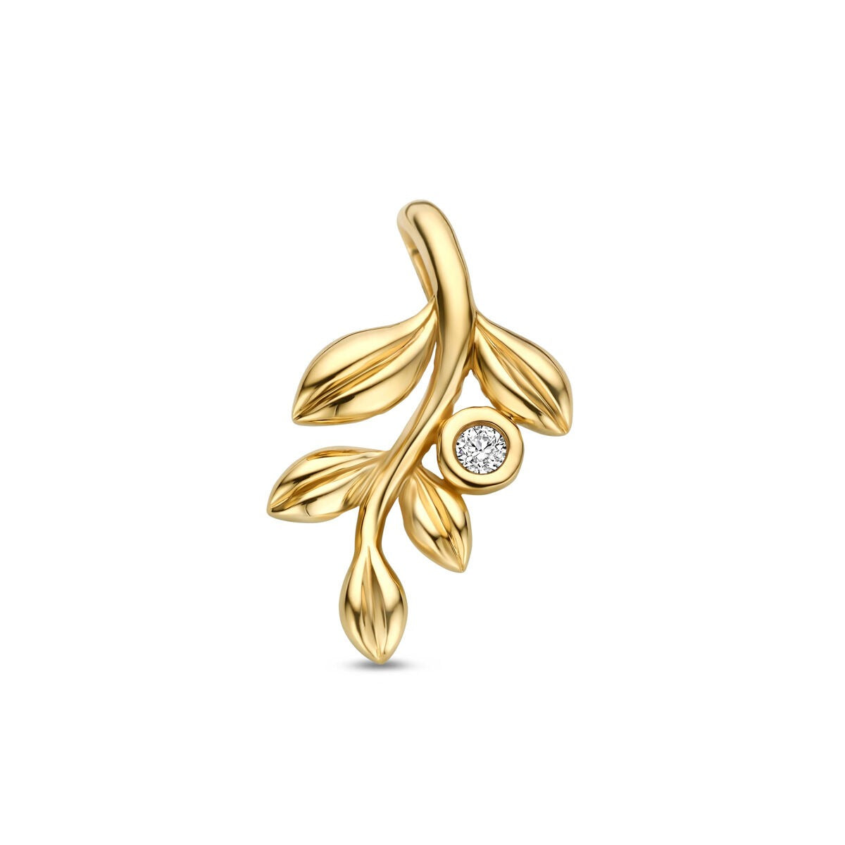 14k geelgouden hanger in de vorm van een tak met bladeren en een lab grown diamant.