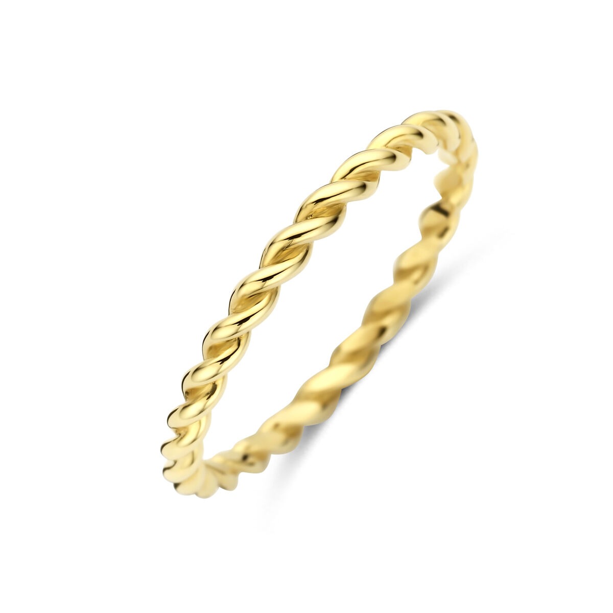 Gedraaide 9k geelgouden aanschuifring van 2 mm breed met een glanzende afwerking.