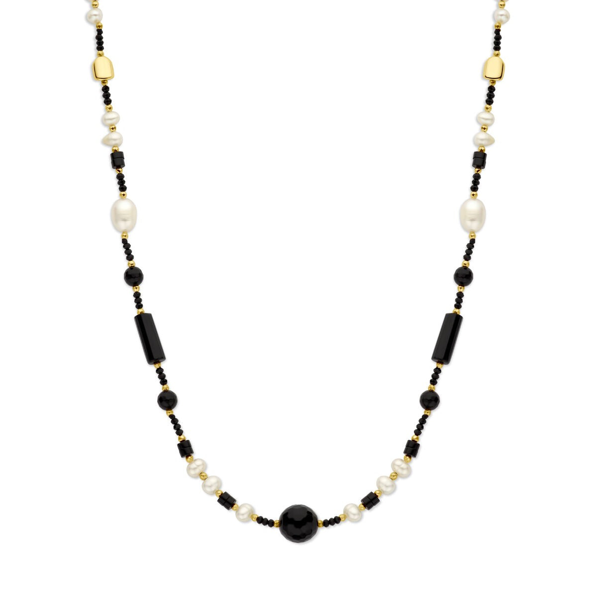 Goudkleurige verguld zilveren damesketting met parels en onyx, afgewerkt met zwarte en gouden details.