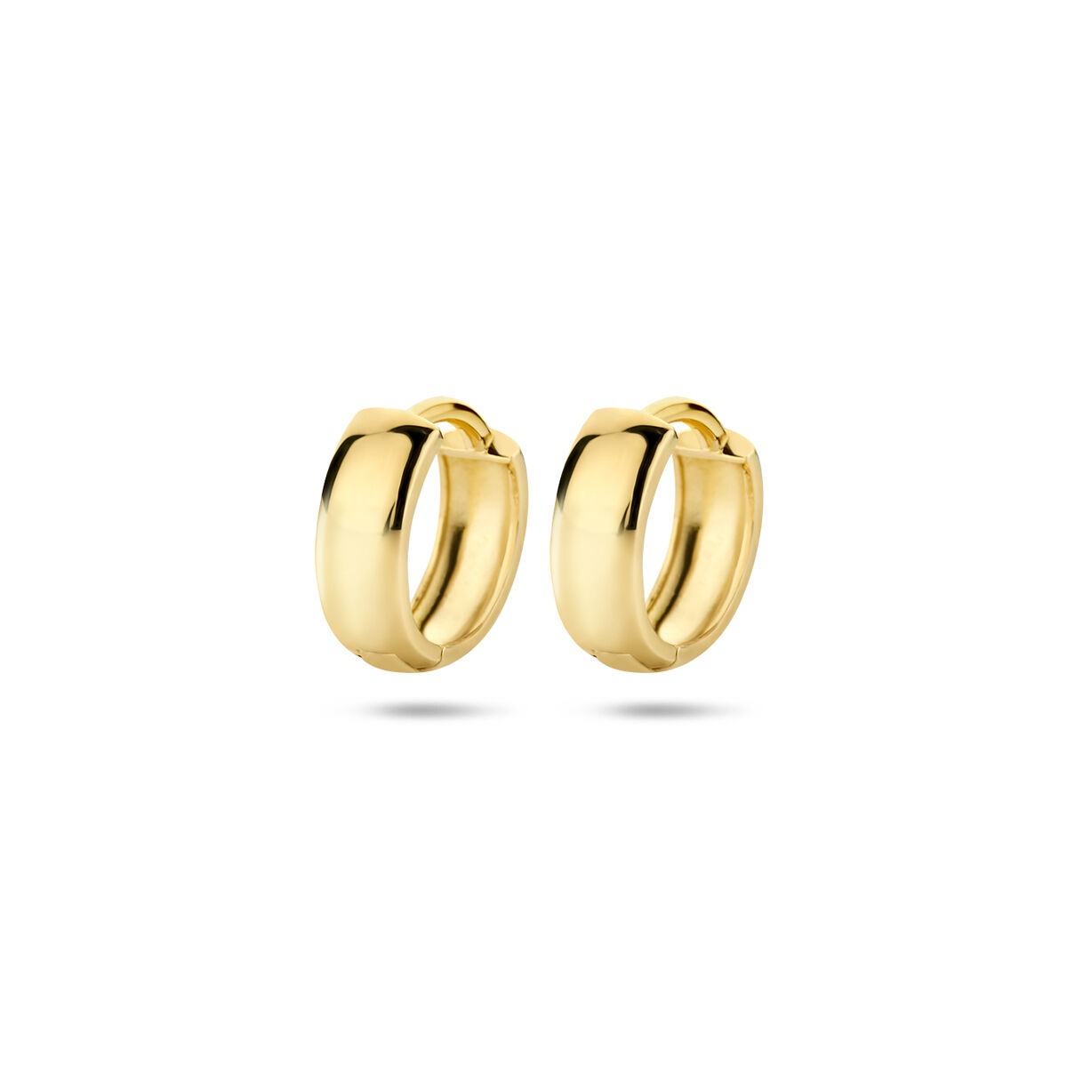 Geelgouden klapoorringen van 9k, met een afmeting van 12 x 3,2 mm en een glanzende afwerking.