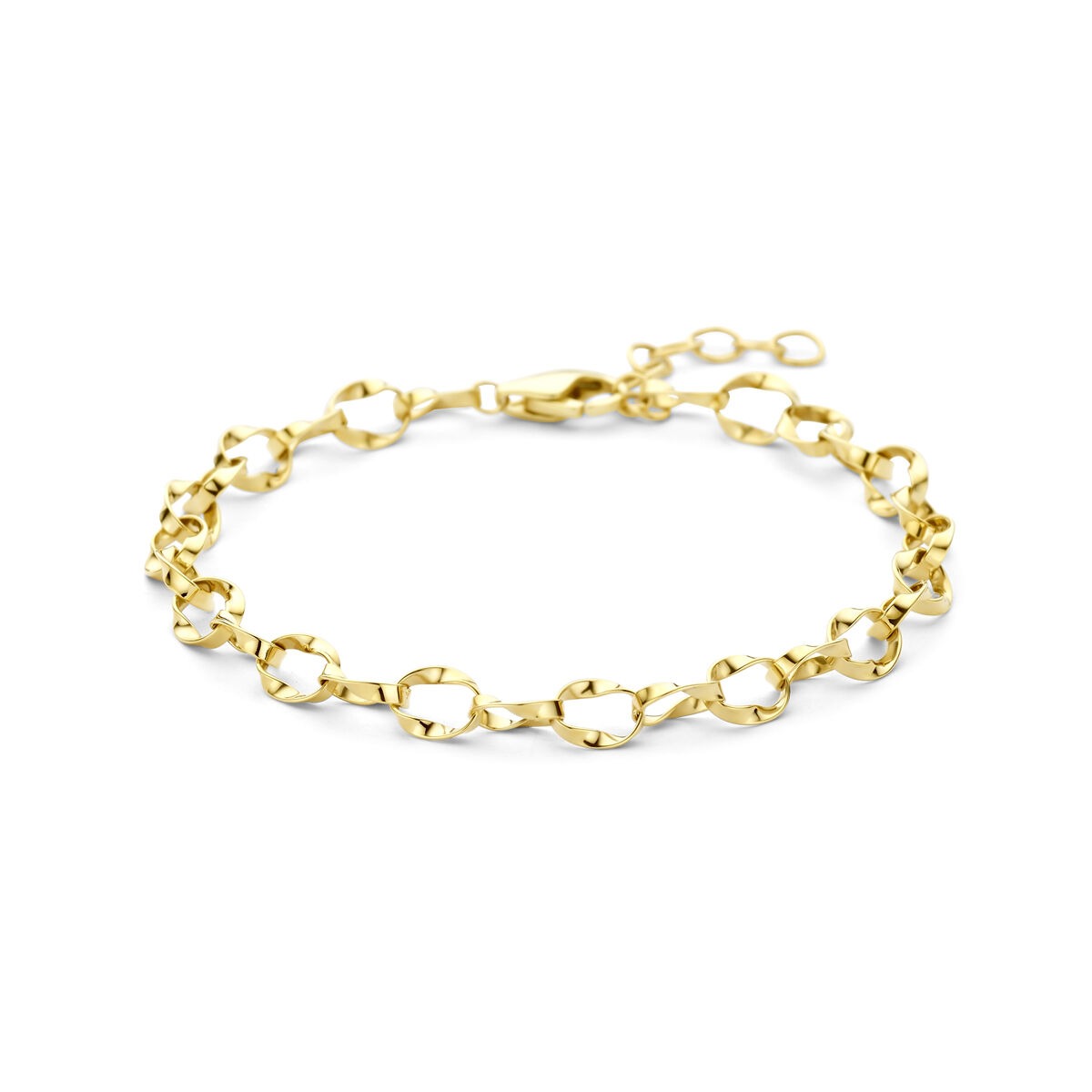 Geelgouden anker schakelarmband met een verfijnde schakelstructuur en een sluiting.