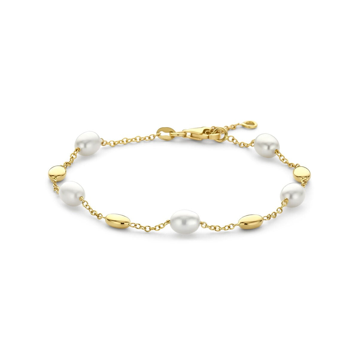 14k geelgouden armband met parels, voorzien van een schakelsysteem en afwisselend parels en gouden elementen.